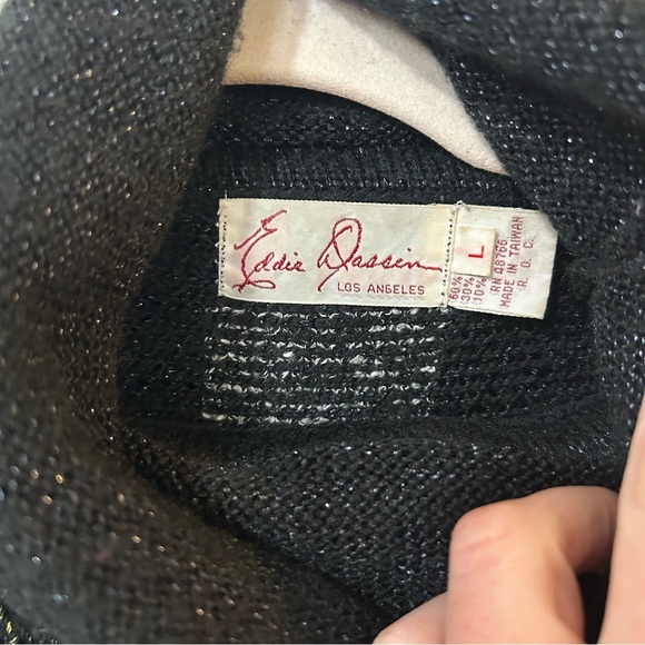 Vintage Eddie Dassin Black Gold Shimmer Pattern Turtleneck Sweater Size Large - Picture 3 of 6